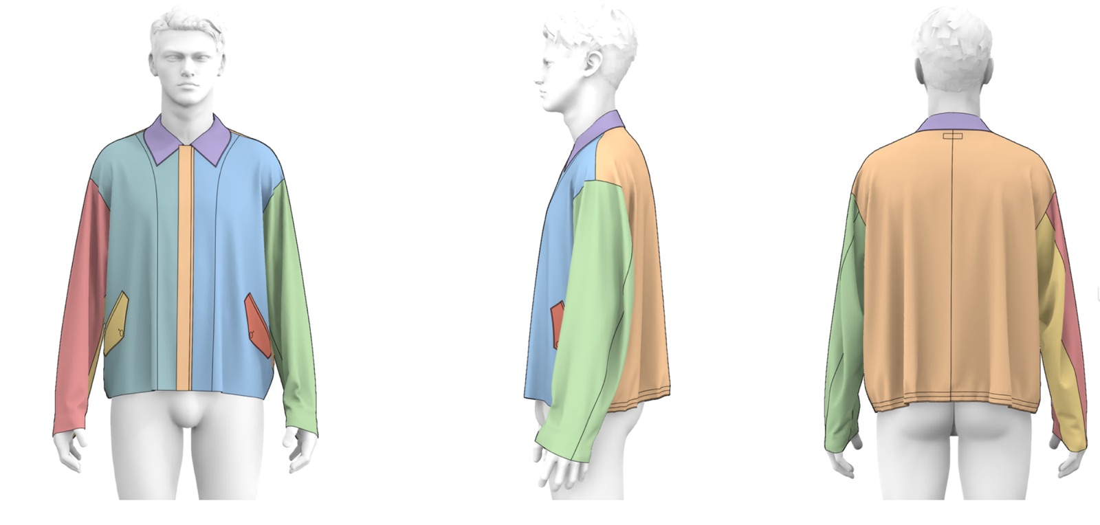 Virtual toile of a boxy shirt rendered in 3D on an avatar, front, side, and back views with colour-coded panels